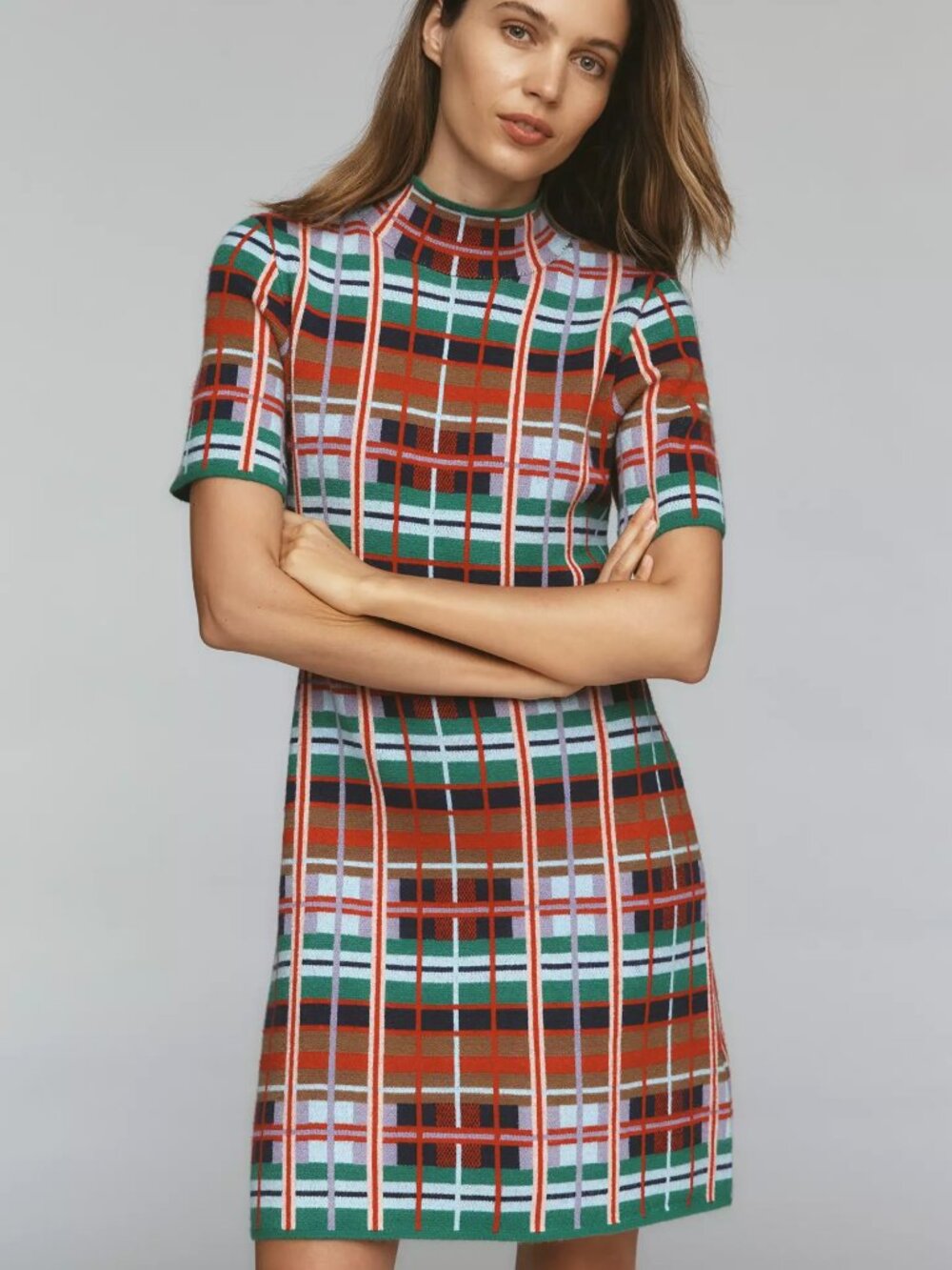 Anthropologie Nina Short-Sleeve Mock-Neck Mod Sweater Mini Dress Rainbow Plaid